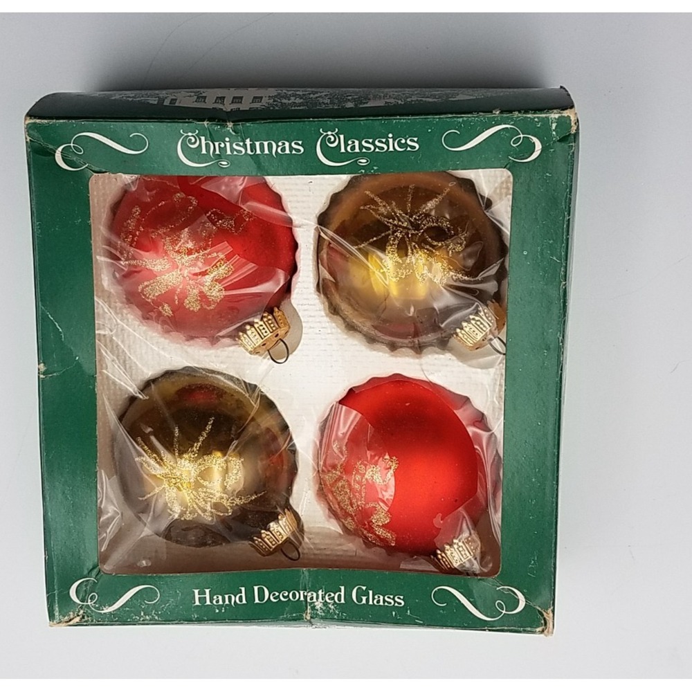 Vintage Lot 4 glass ornaments Christmas‎ Classics Gold Red Glitter  w/Box